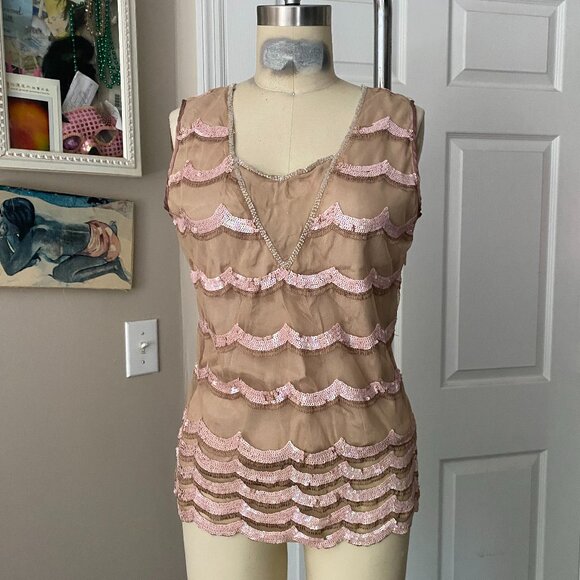 RAMPAGE Nude Y2K 100% Silk ART DECO Scallop Sequins Camisole Tank shirt *MEDIUM* - Picture 1 of 6